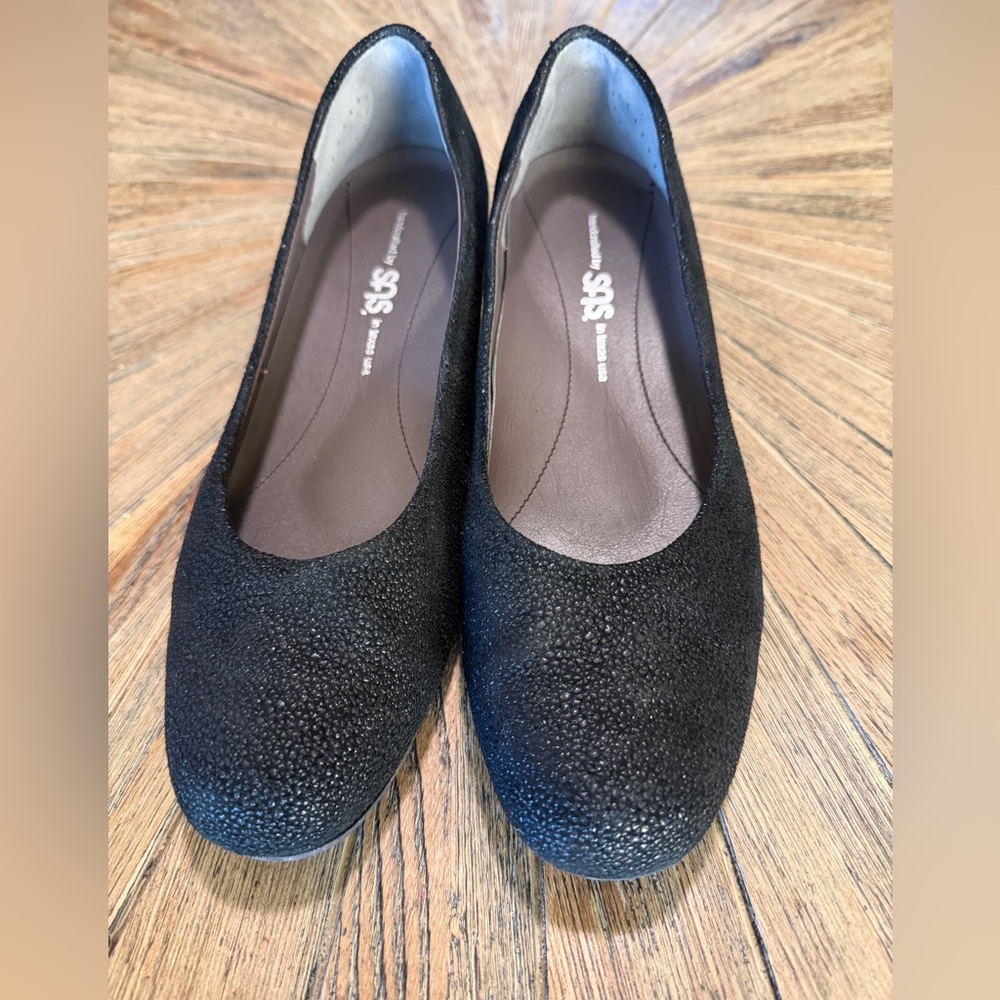 SAS Sophia Black Pebbled Leather Wedge Pumps 8.5M Comfort Work Shoes USA Made